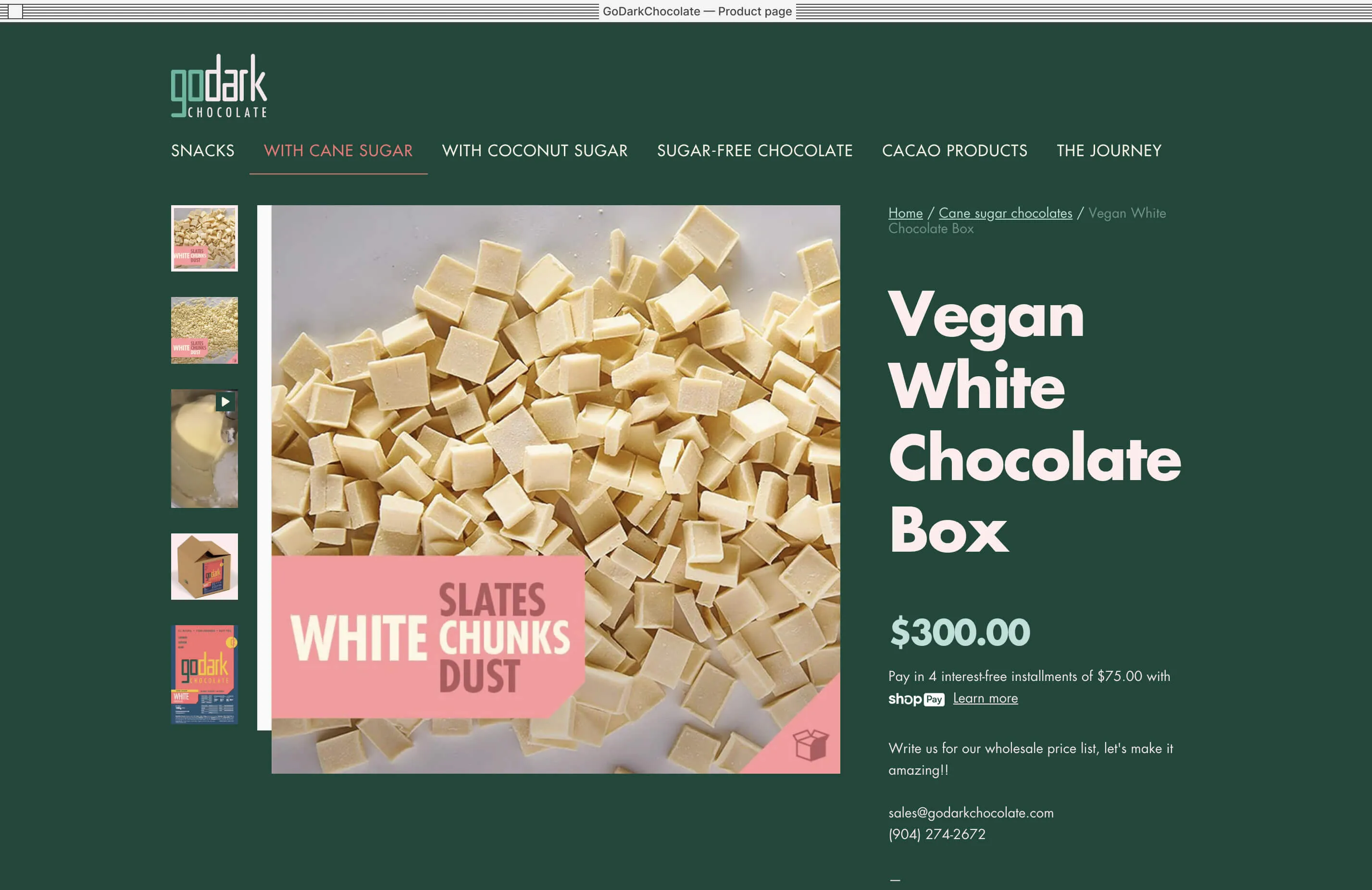 Vegan white chocolate product page showing products and prices